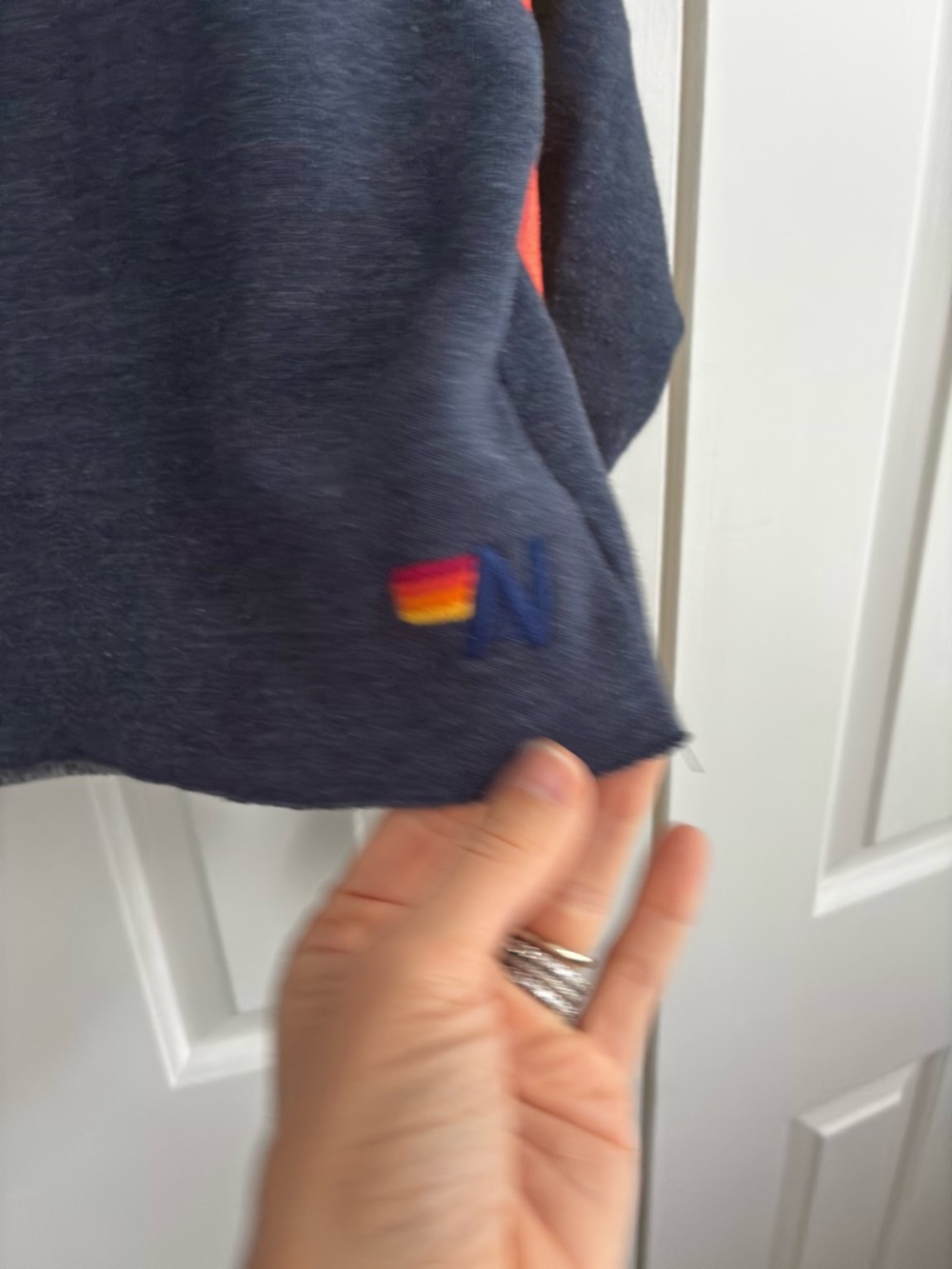 Aviator Nation Navy Cropped Sweatshirt with Neon Pink, Orange & Yellow Stripes - Picture 3 of 3